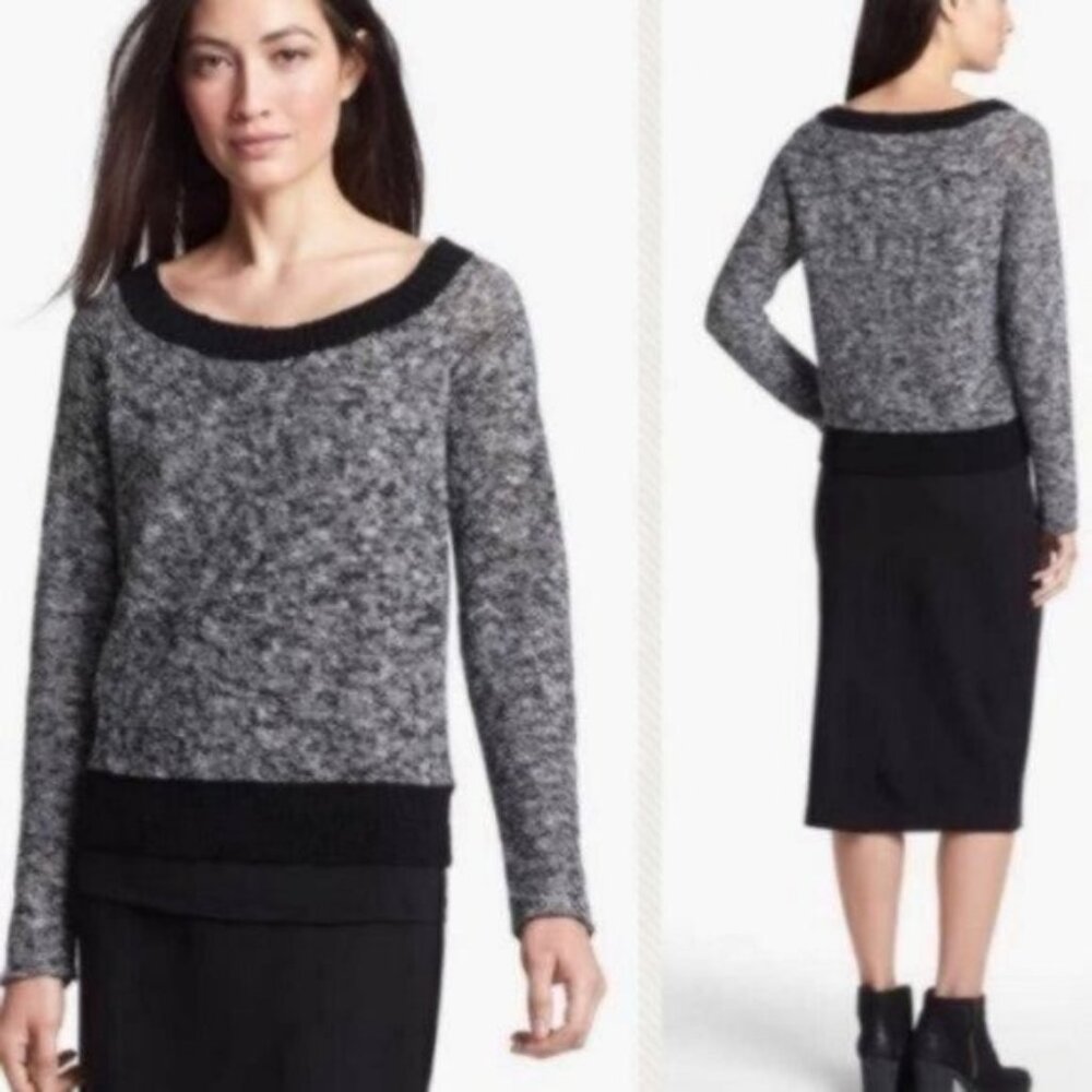 Eileen Fisher | Linen Blend Melange Boat Neck Sweater Black Gray